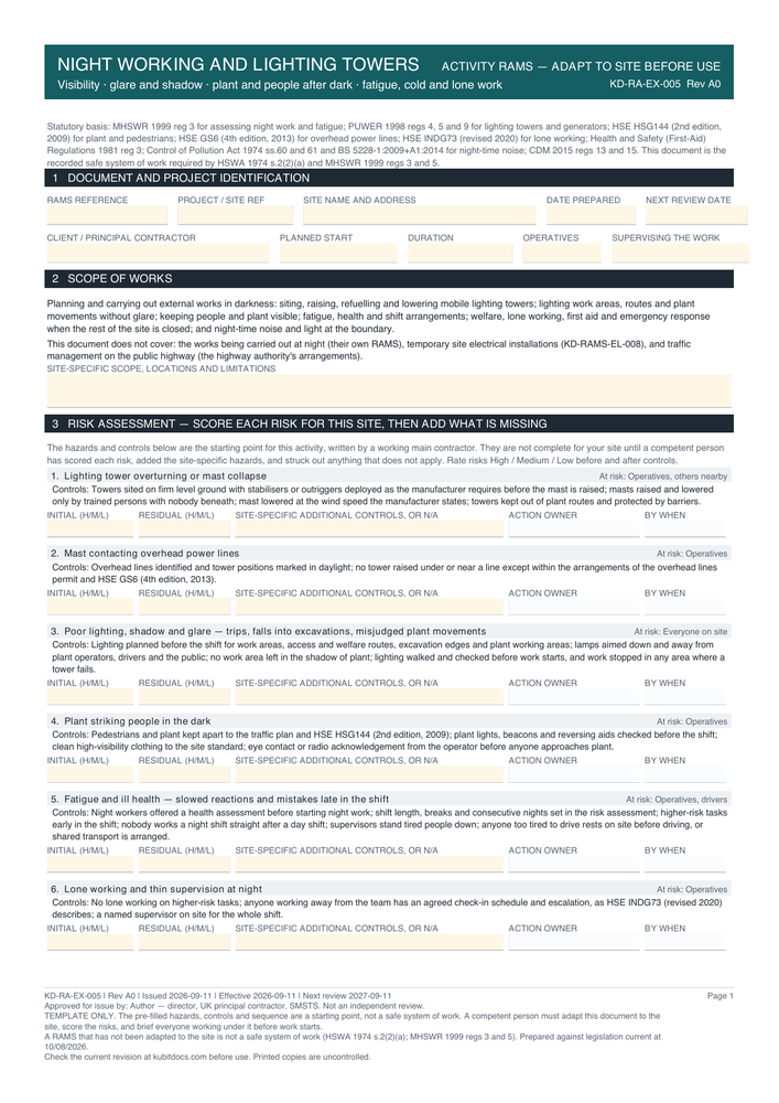 Night Working and Lighting Towers — page one