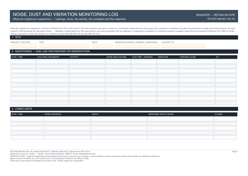 Noise, Dust and Vibration Monitoring Log — page one
