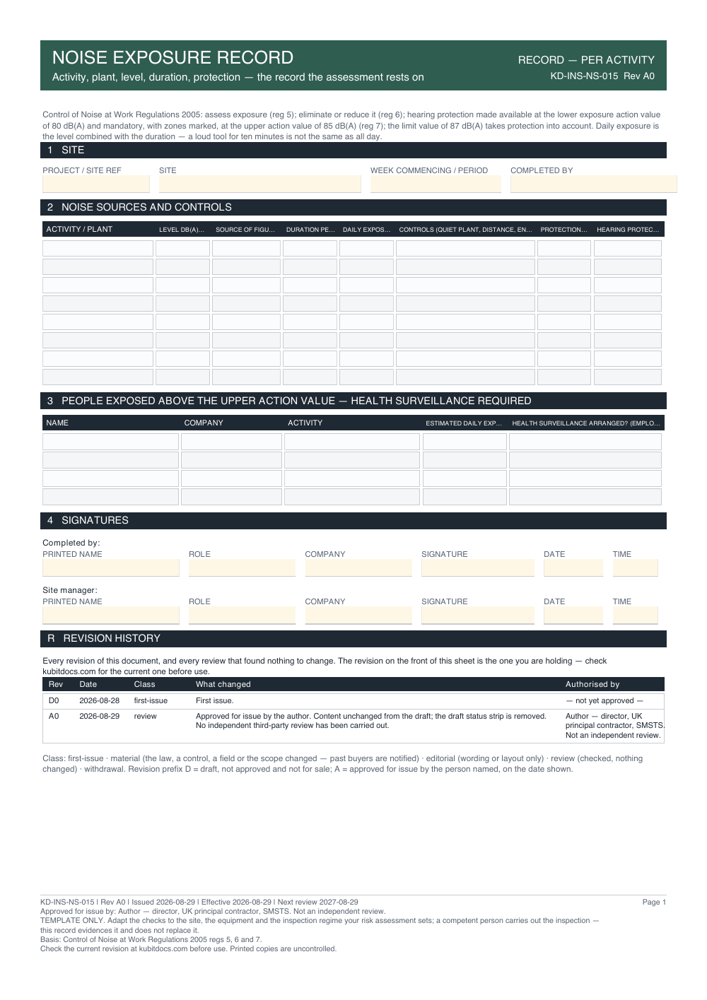 Noise Exposure Record — page one
