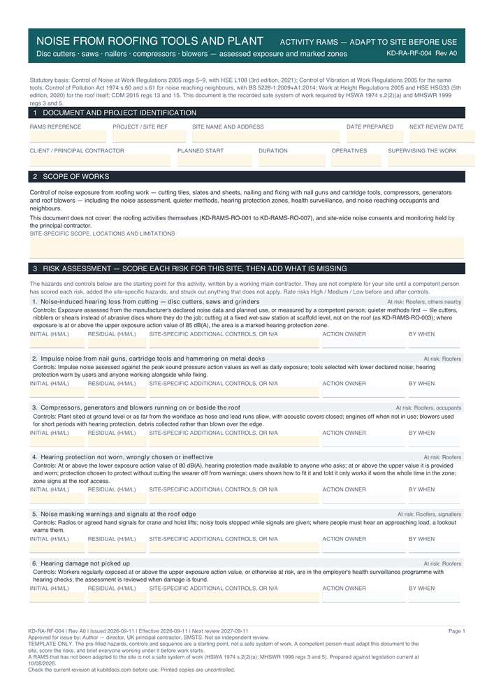 Noise from Roofing Tools and Plant — page one