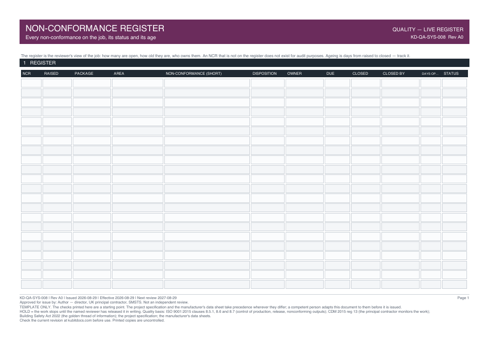 Non-Conformance Register — page one