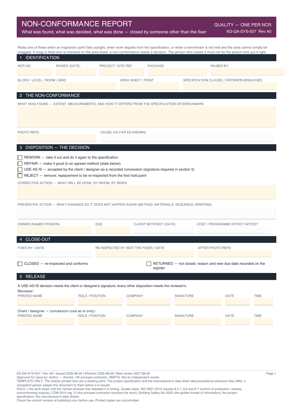 Non-Conformance Report — page one