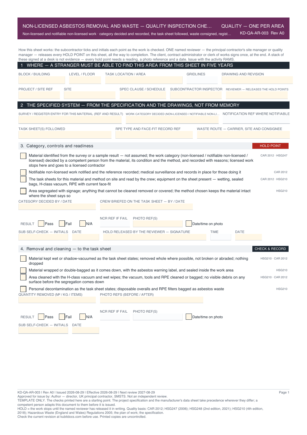 Non-Licensed Asbestos Removal and Waste — Quality Inspection Checklist — page one
