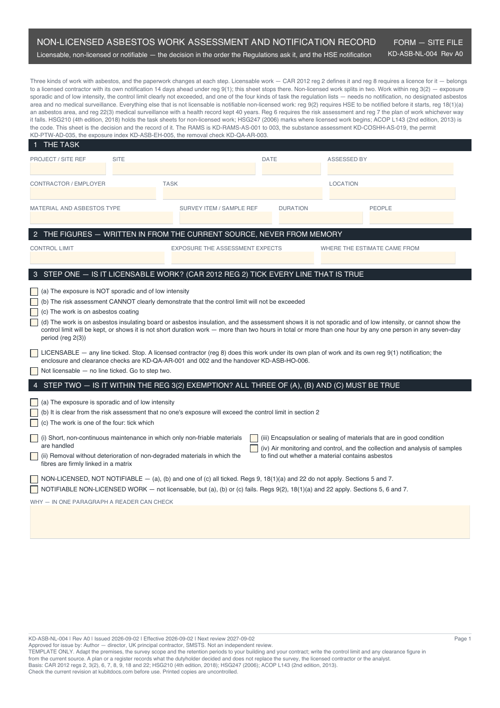 Non-Licensed Asbestos Work Assessment and Notification Record — page one