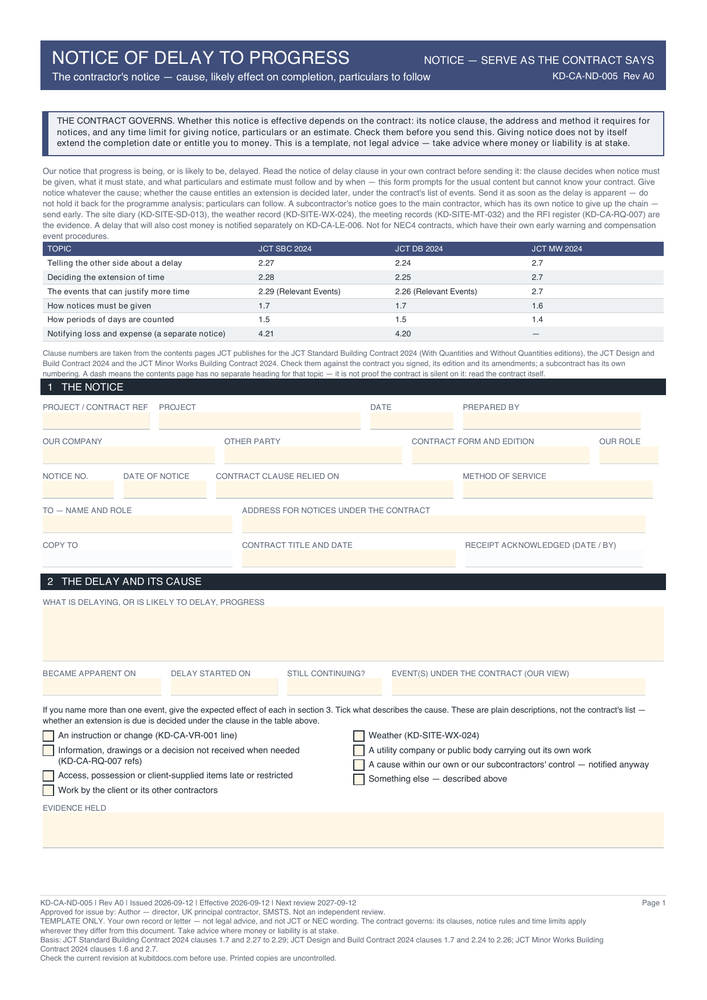 Notice of Delay to Progress — page one