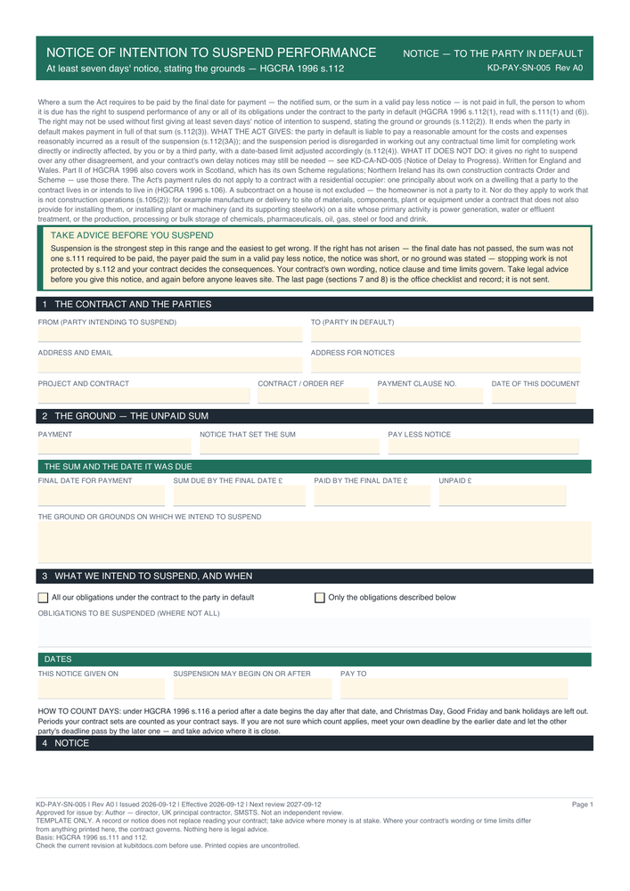 Notice of Intention to Suspend Performance — page one