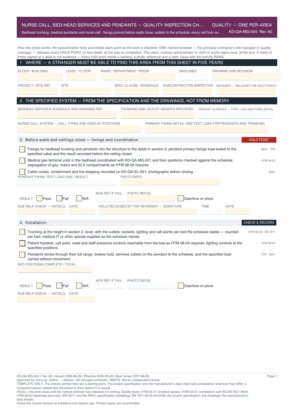Nurse Call, Bed-Head Services and Pendants — Quality Inspection Checklist — page one