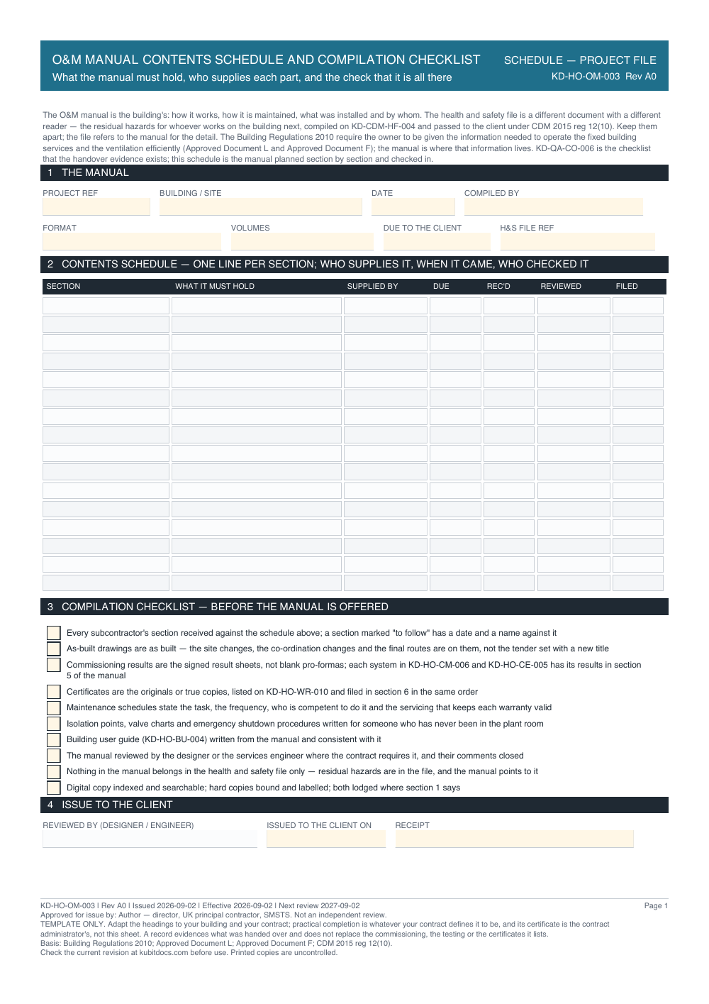 O&M Manual Contents Schedule and Compilation Checklist — page one