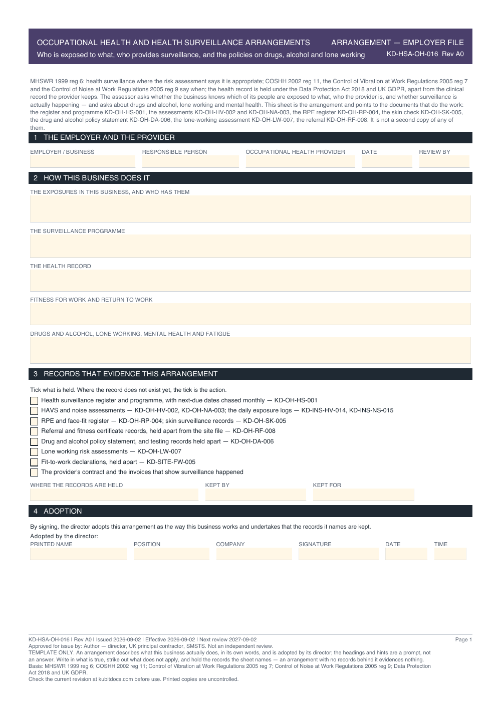Occupational Health and Health Surveillance Arrangements — page one