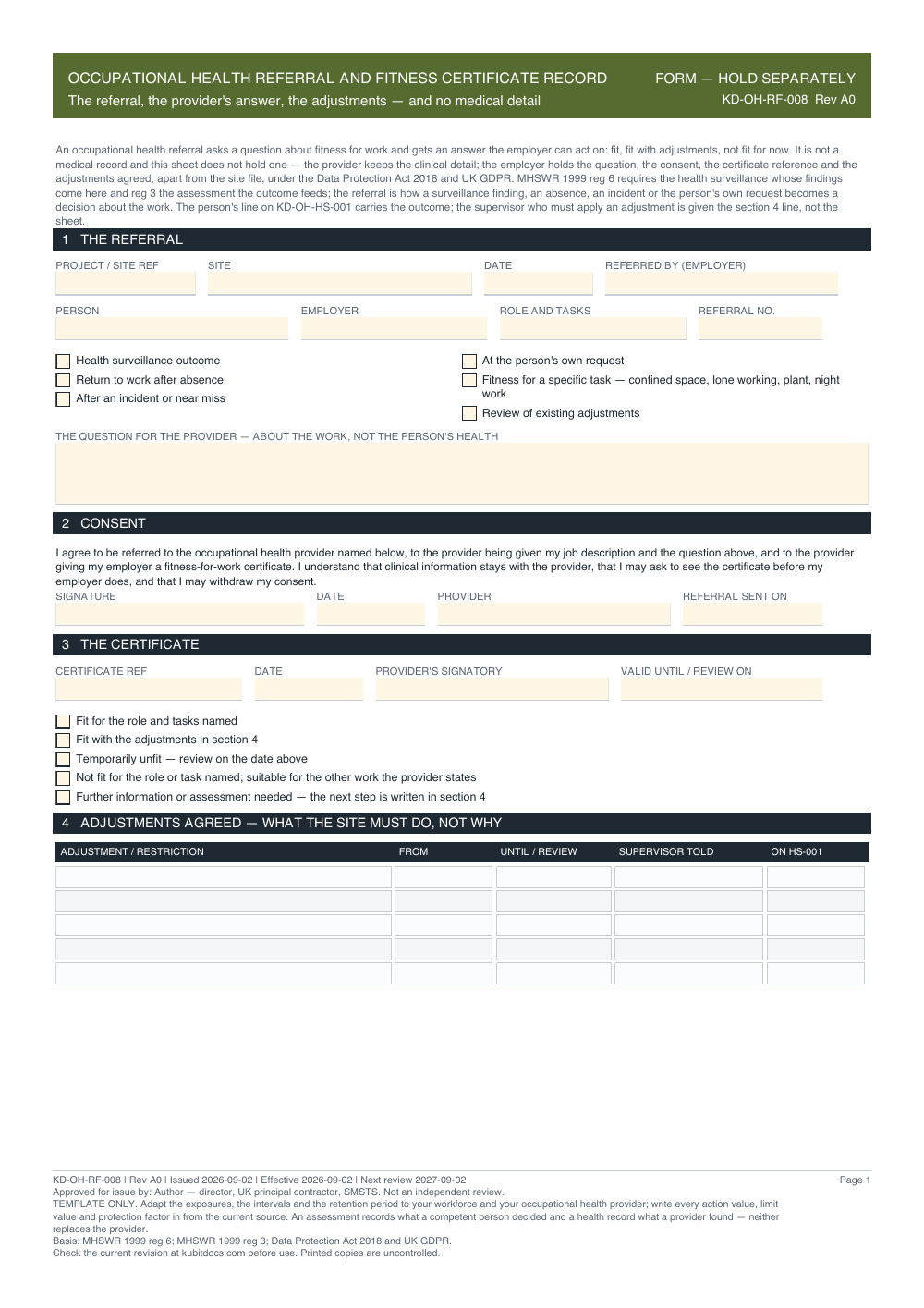 Occupational Health Referral and Fitness Certificate Record — page one