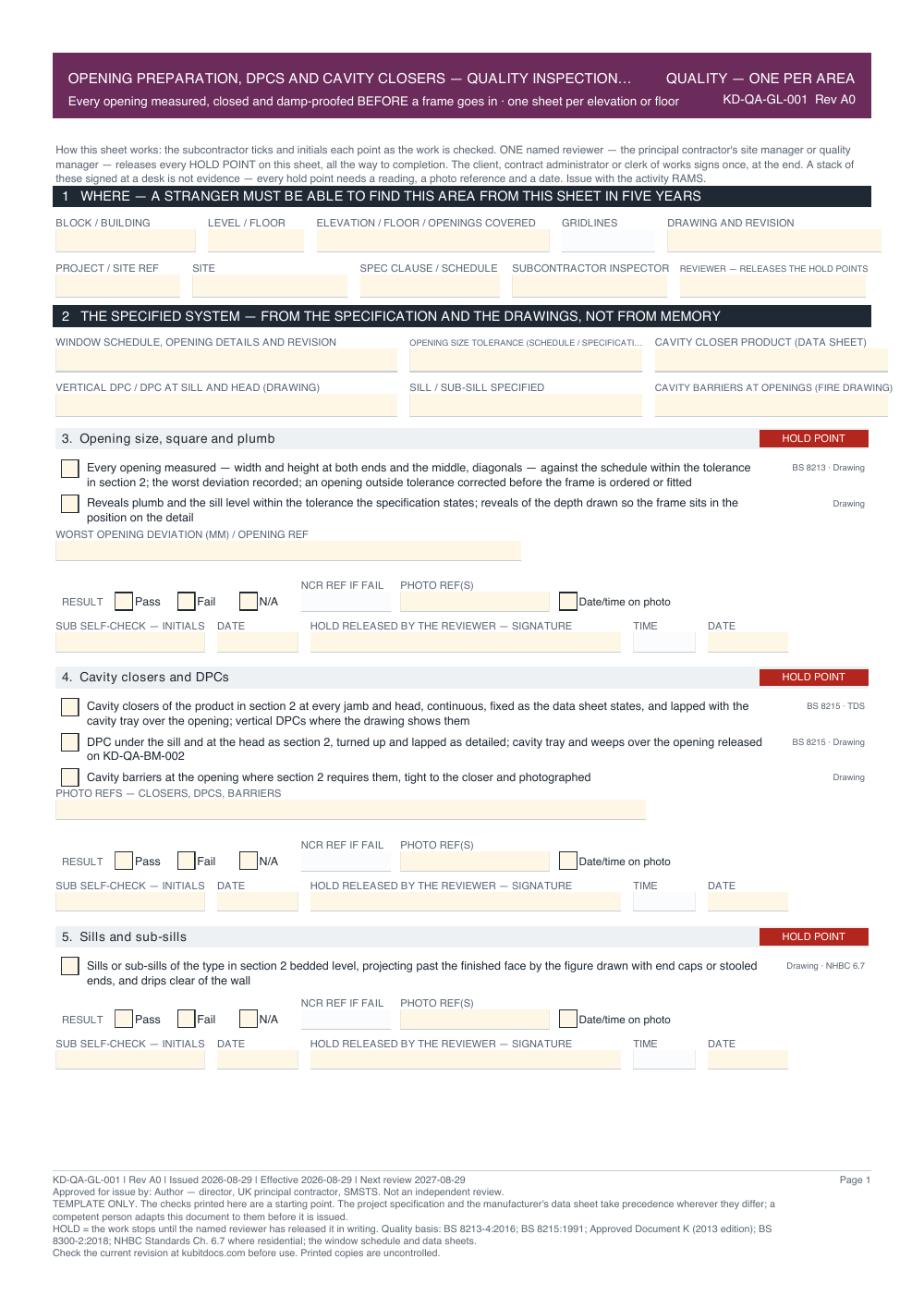Opening Preparation, DPCs and Cavity Closers — Quality Inspection Checklist — page one