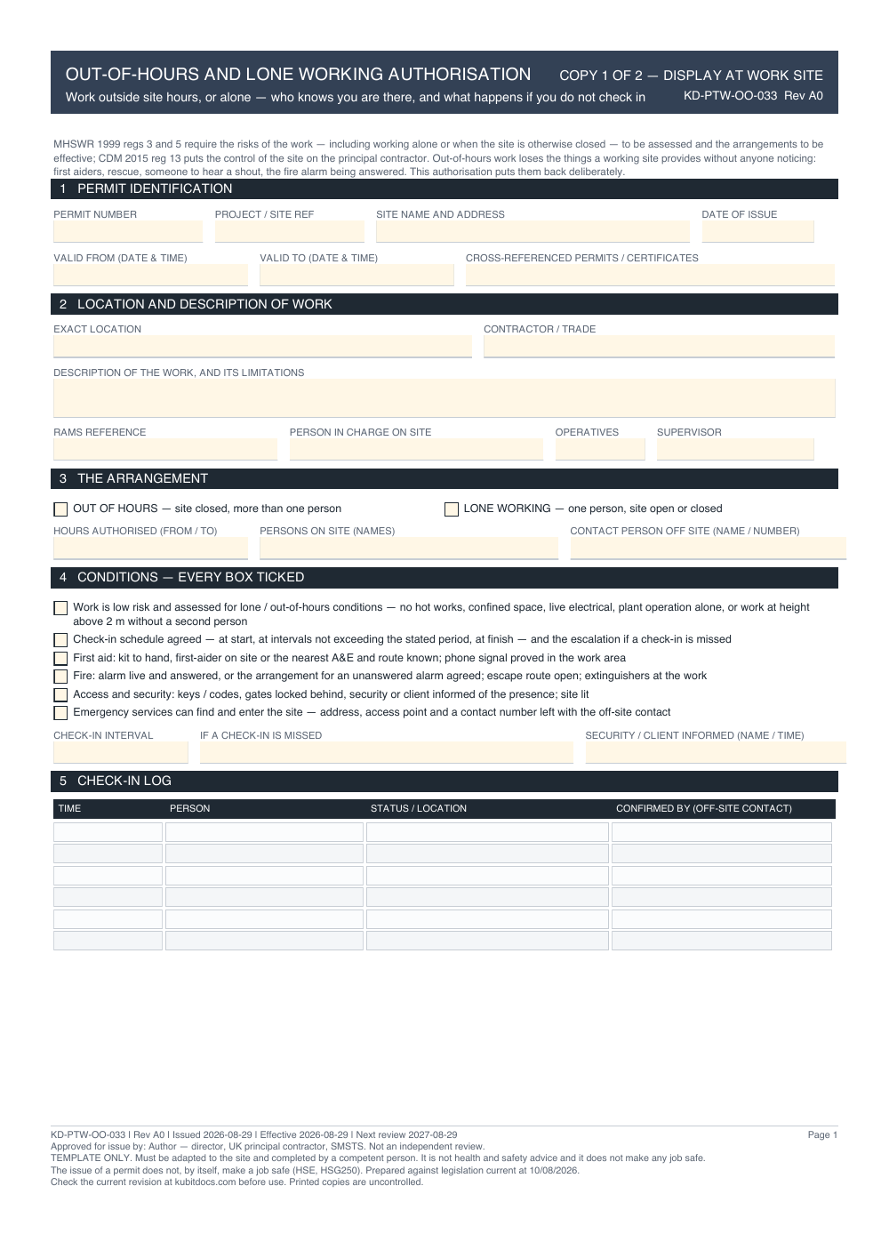 Out-of-Hours and Lone Working Authorisation — page one