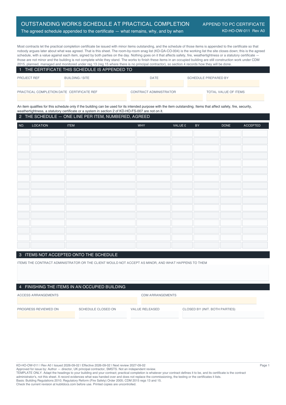 Outstanding Works Schedule at Practical Completion — page one