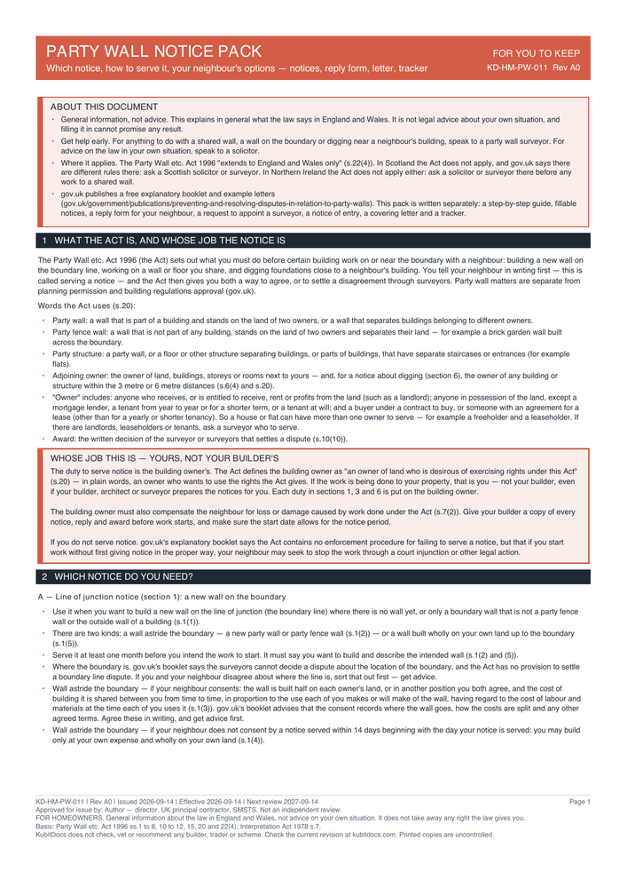 Party Wall Notice Pack — page one