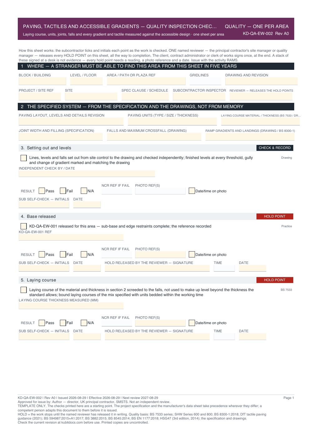 Paving, Tactiles and Accessible Gradients — Quality Inspection Checklist — page one