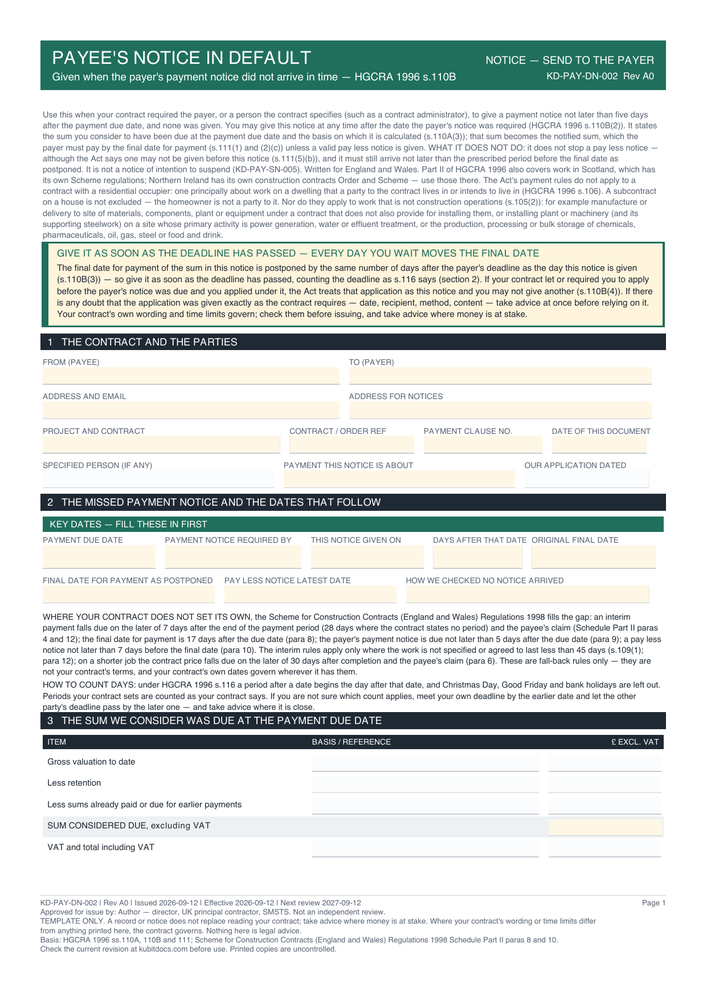 Payee's Notice in Default — page one