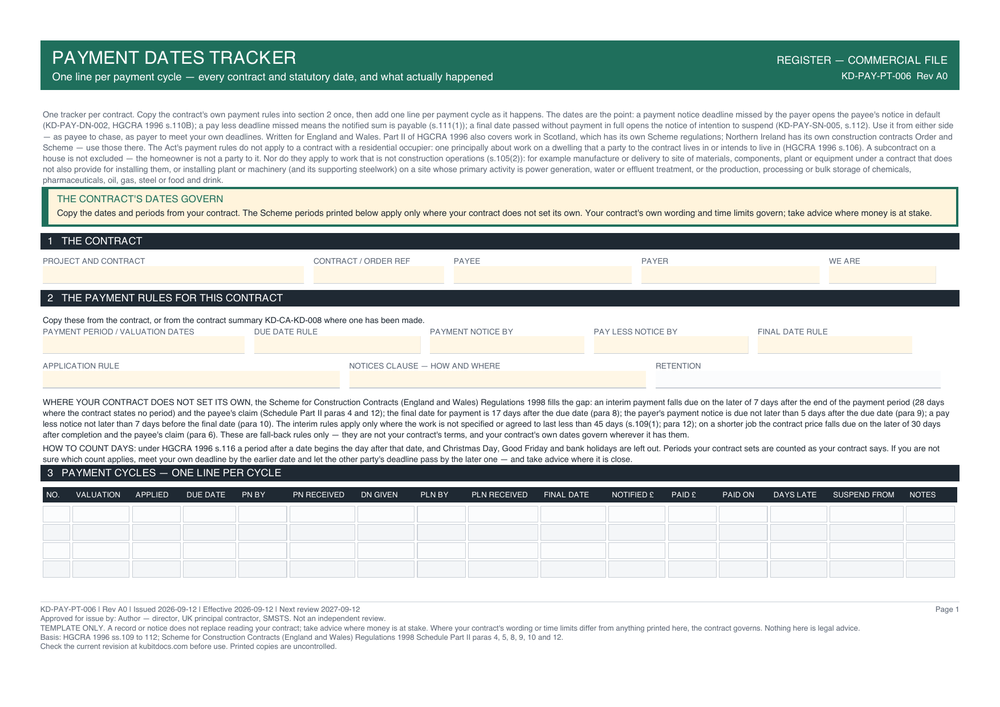 Payment Dates Tracker — page one