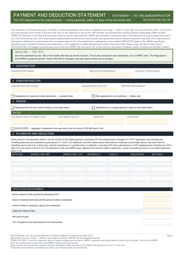 Payment and Deduction Statement — page one