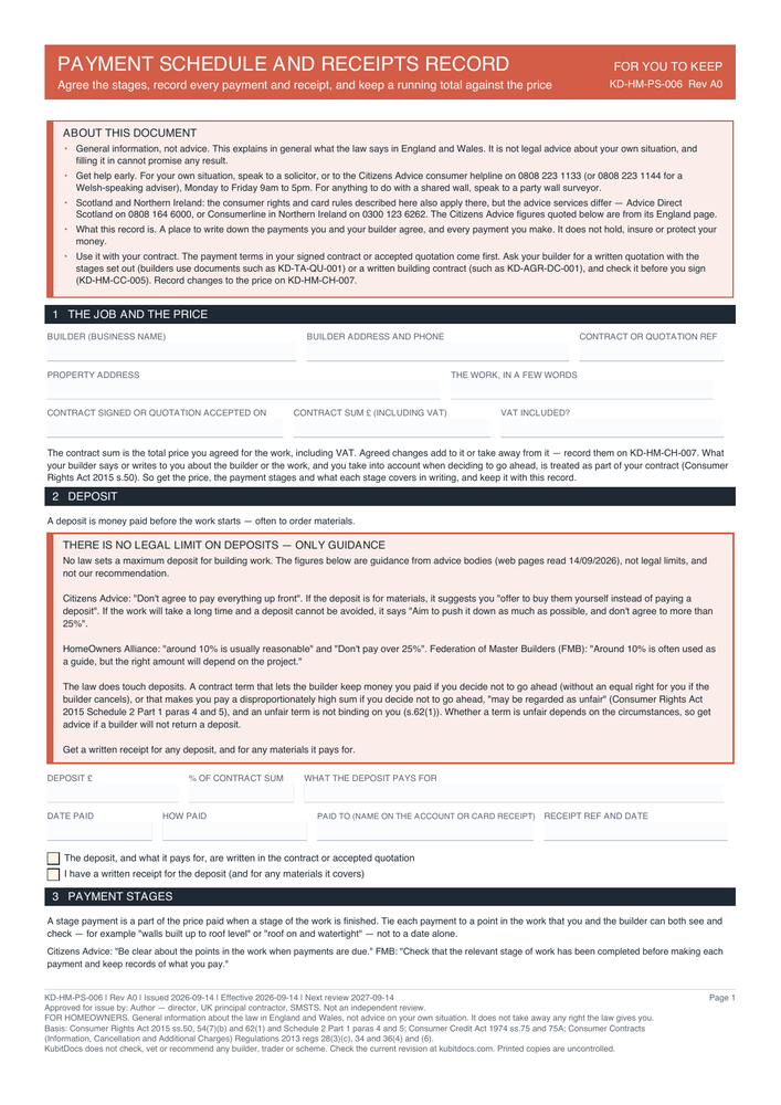 Payment Schedule and Receipts Record — page one