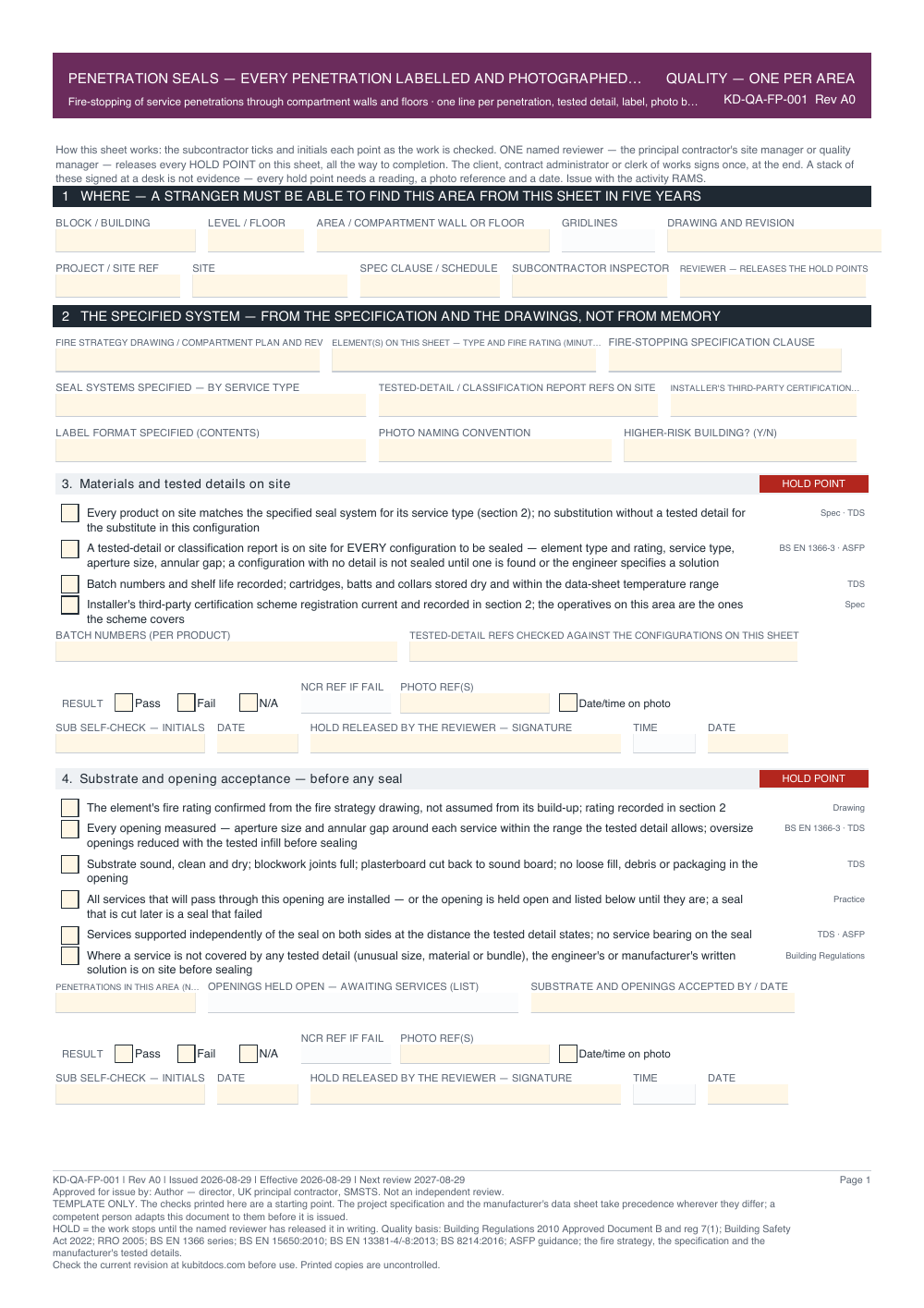 Penetration Seals — Every Penetration Labelled and Photographed — Quality Inspection Checklist — page one