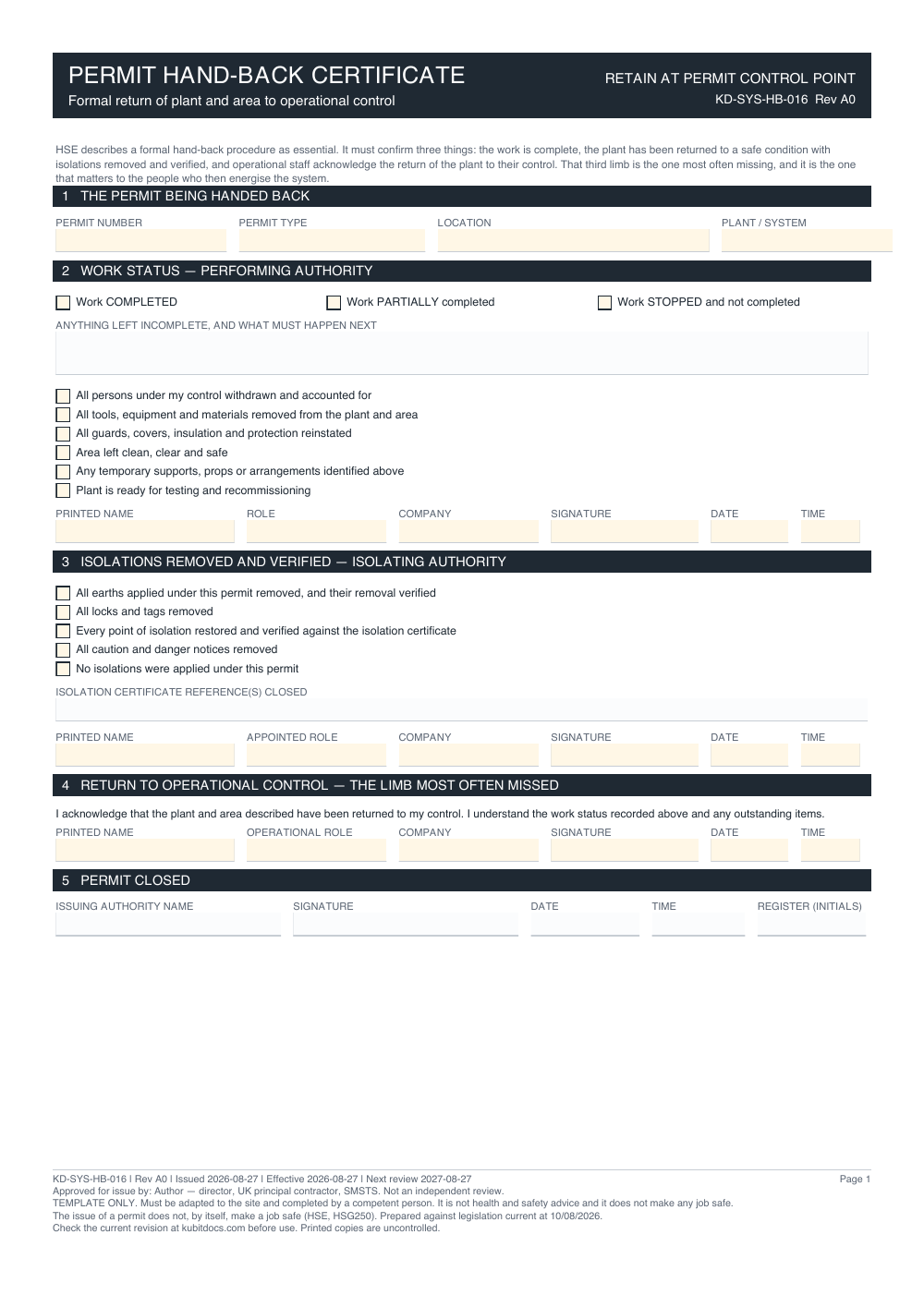 Permit Hand-Back Certificate — page one