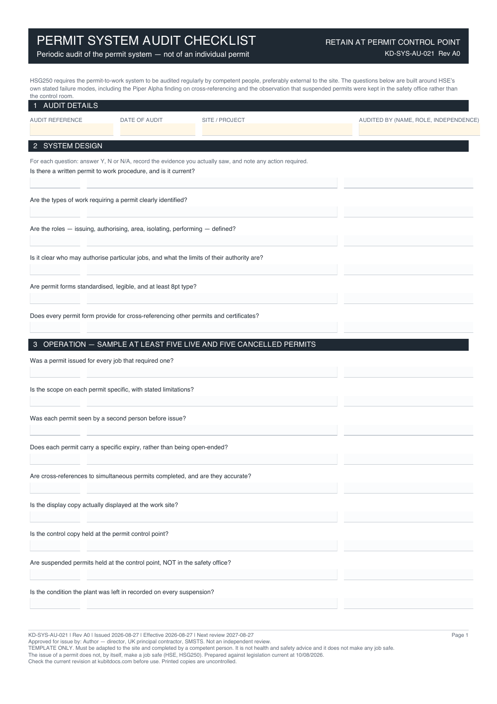 Permit System Audit Checklist — page one