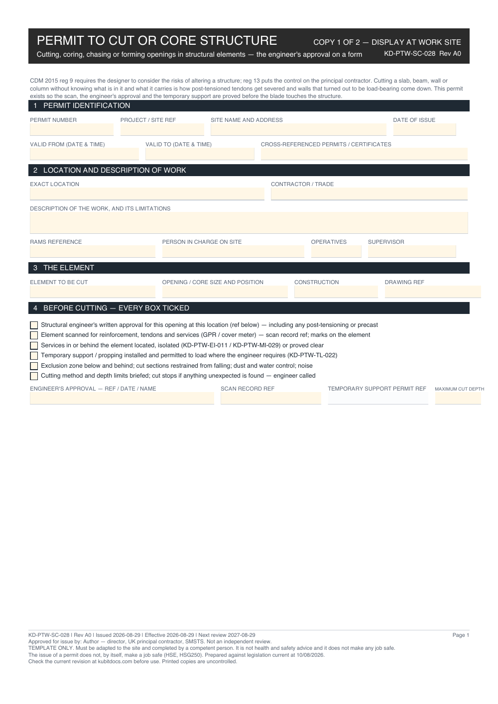 Permit to Cut or Core Structure — page one