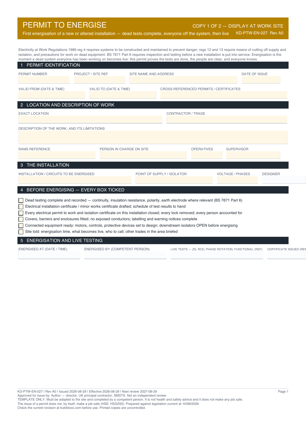 Permit to Energise — page one