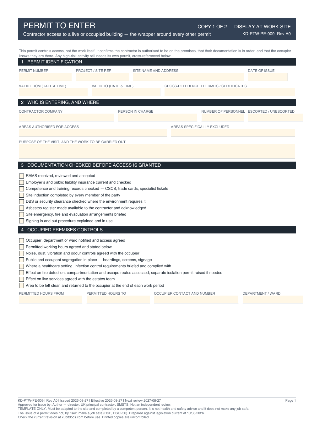 Permit to Enter — page one
