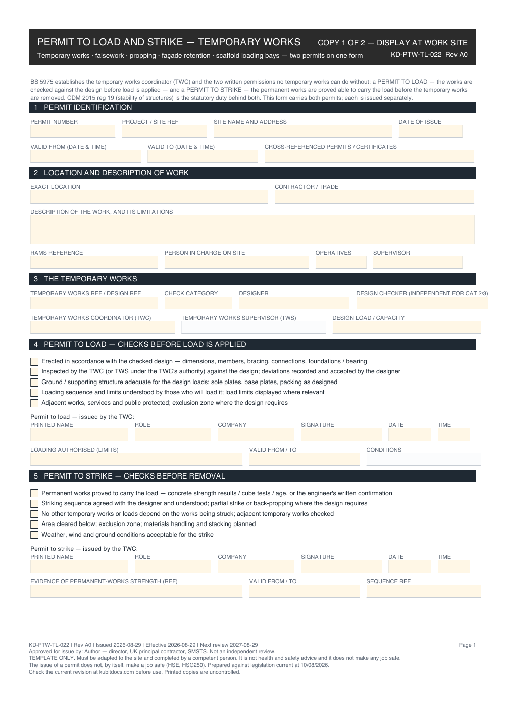 Permit to Load and Strike — Temporary Works — page one