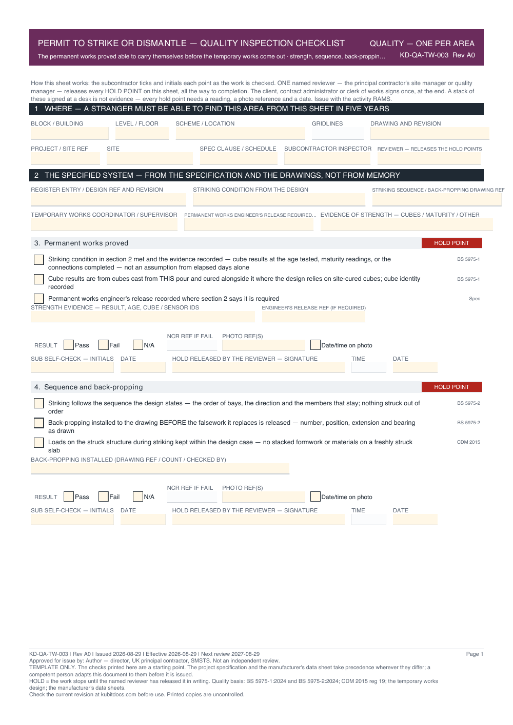 Permit to Strike or Dismantle — Quality Inspection Checklist — page one