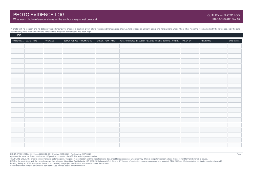 Photo Evidence Log — page one