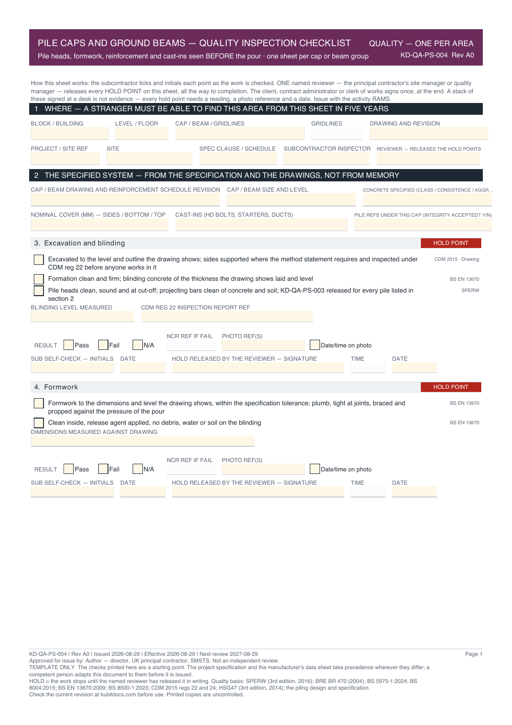 Pile Caps and Ground Beams — Quality Inspection Checklist — page one