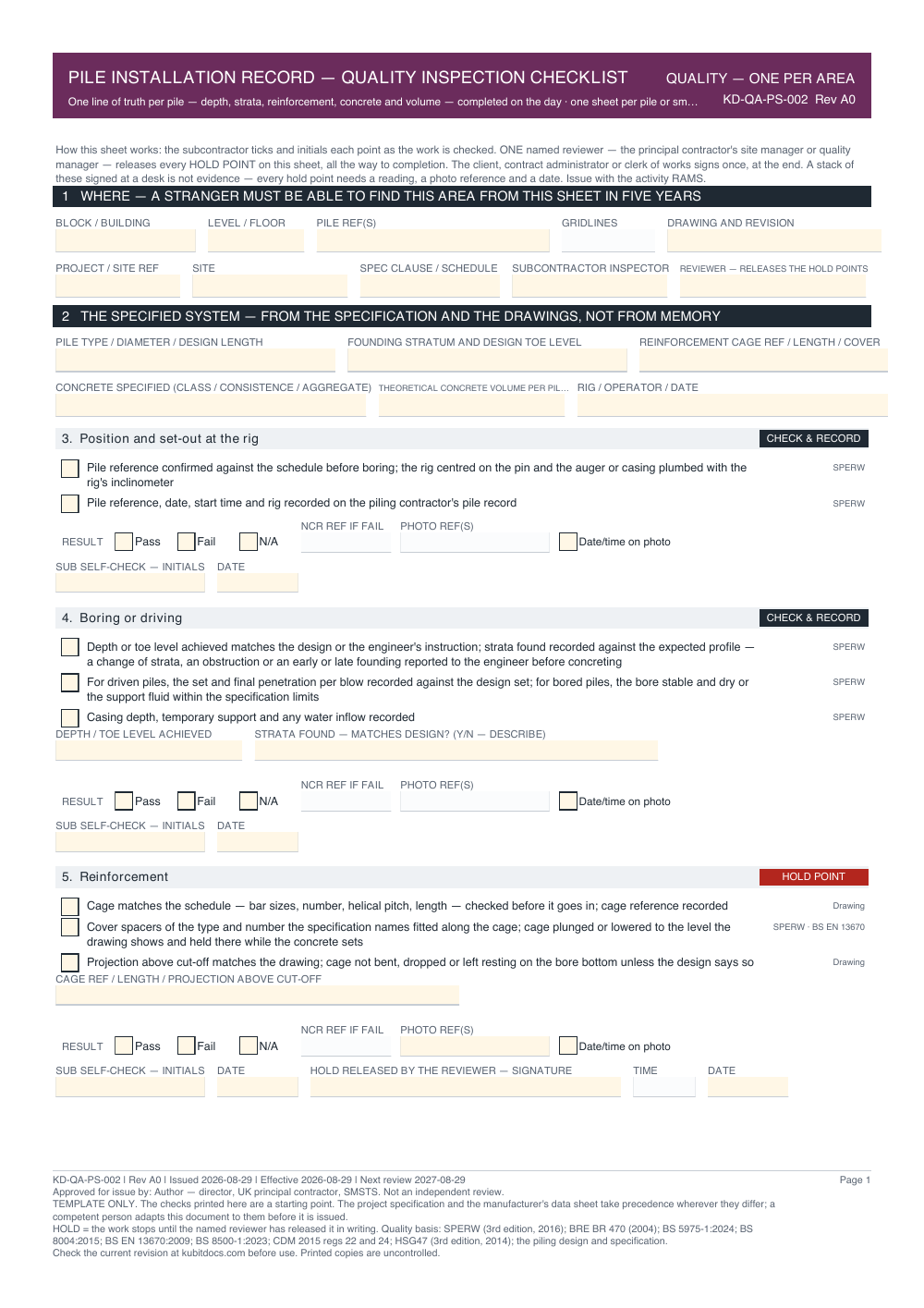 Pile Installation Record — Quality Inspection Checklist — page one