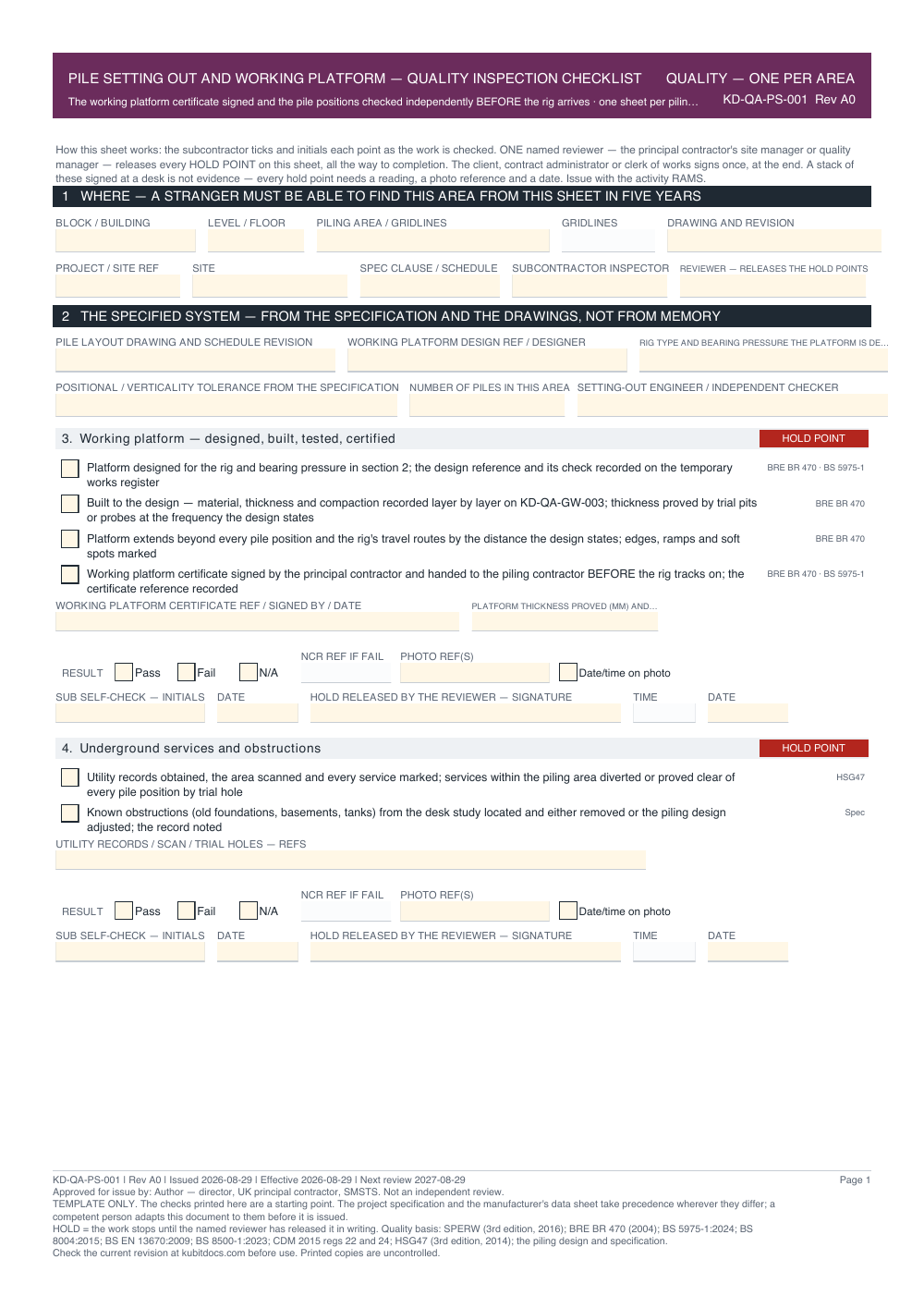 Pile Setting Out and Working Platform — Quality Inspection Checklist — page one