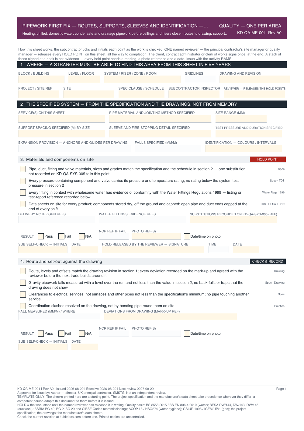 Pipework First Fix — Routes, Supports, Sleeves and Identification — Quality Inspection Checklist — page one