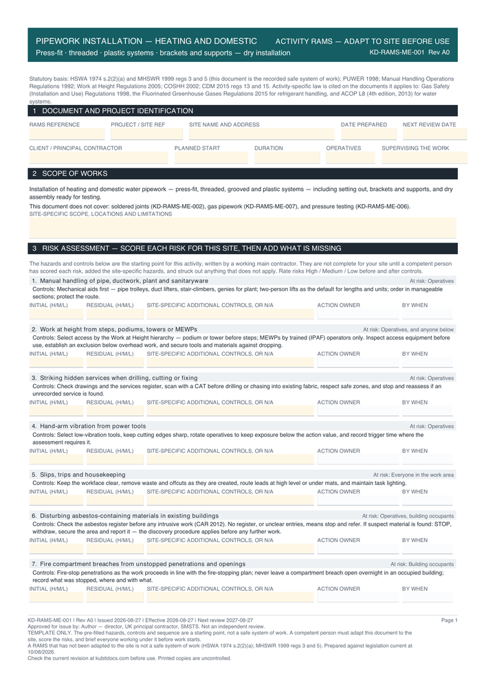 Pipework Installation — Heating and Domestic — page one