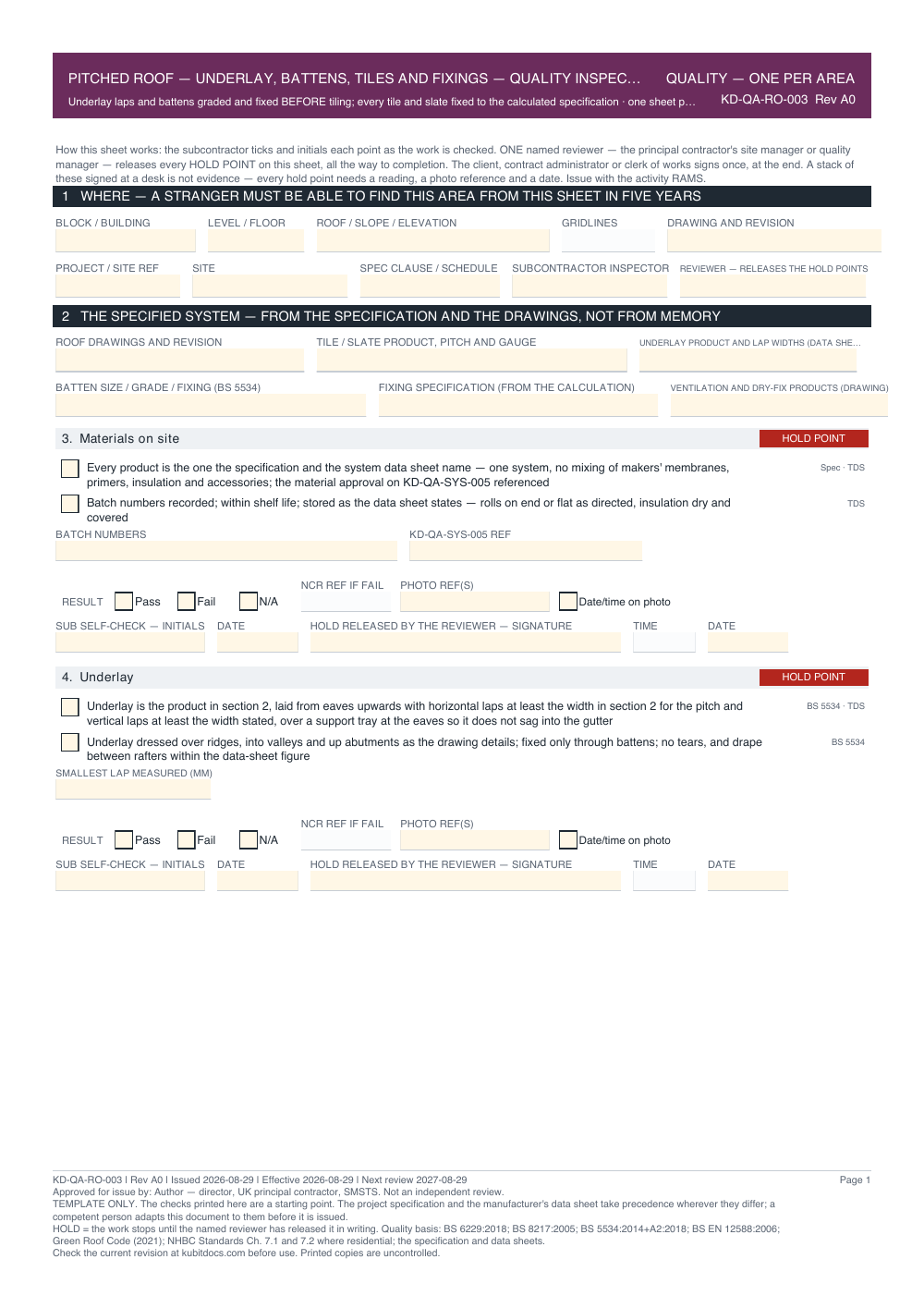 Pitched Roof — Underlay, Battens, Tiles and Fixings — Quality Inspection Checklist — page one