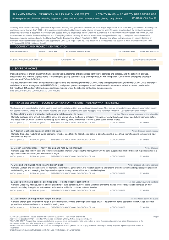 Planned Removal of Broken Glass and Glass Waste — page one