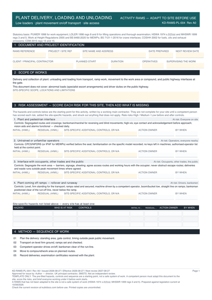 Plant Delivery, Loading and Unloading — page one