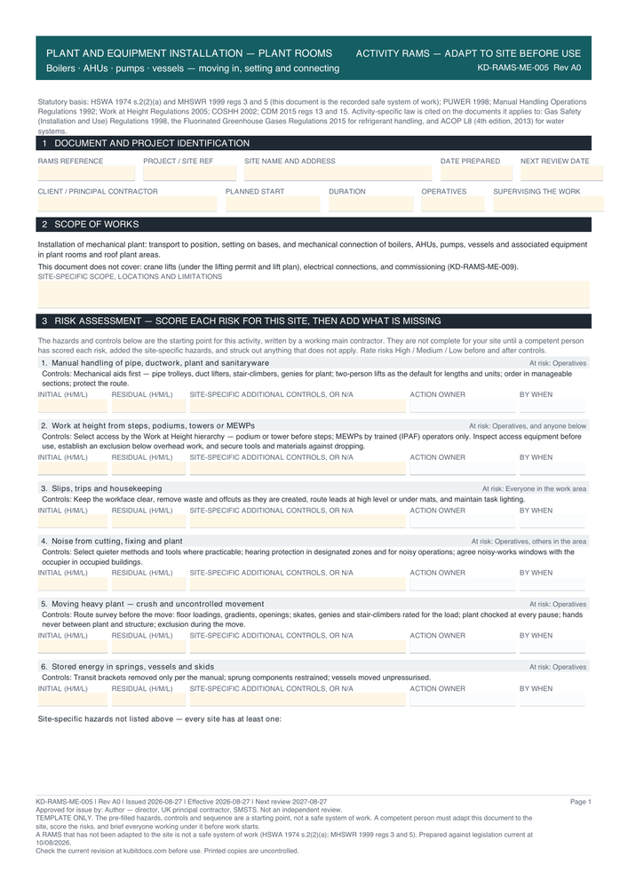 Plant and Equipment Installation — Plant Rooms — page one
