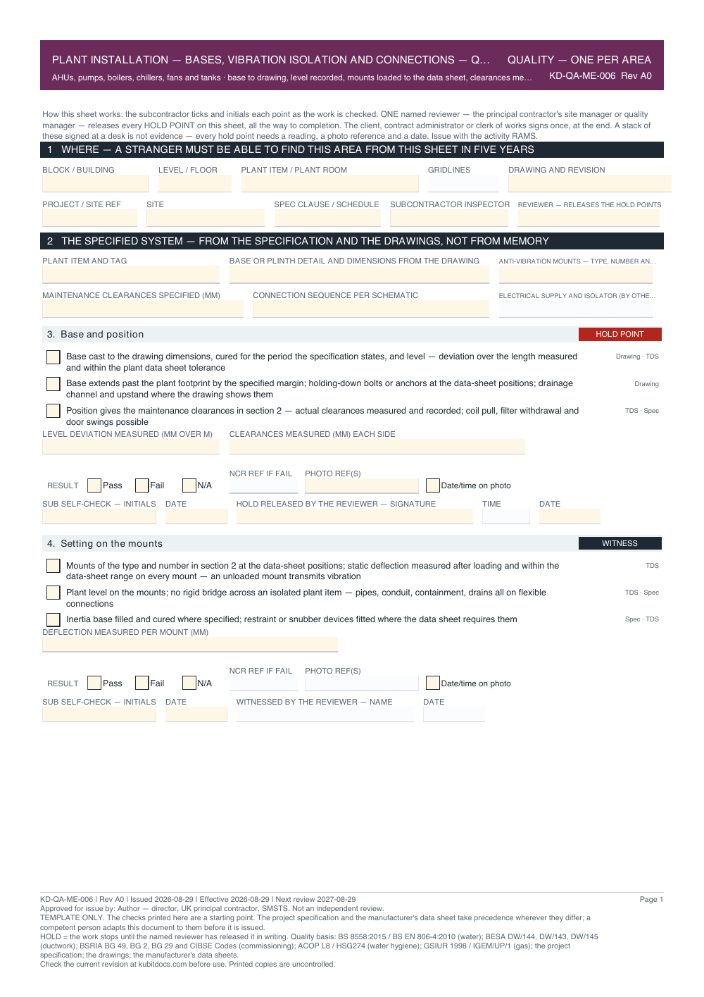 Plant Installation — Bases, Vibration Isolation and Connections — Quality Inspection Checklist — page one
