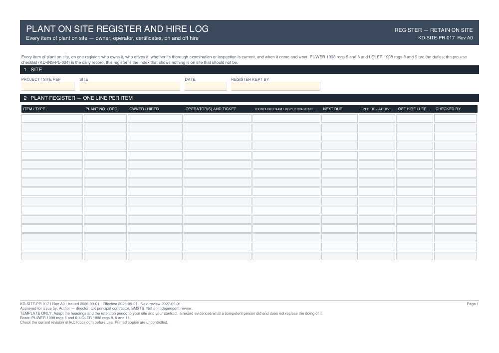 Plant on Site Register and Hire Log — page one