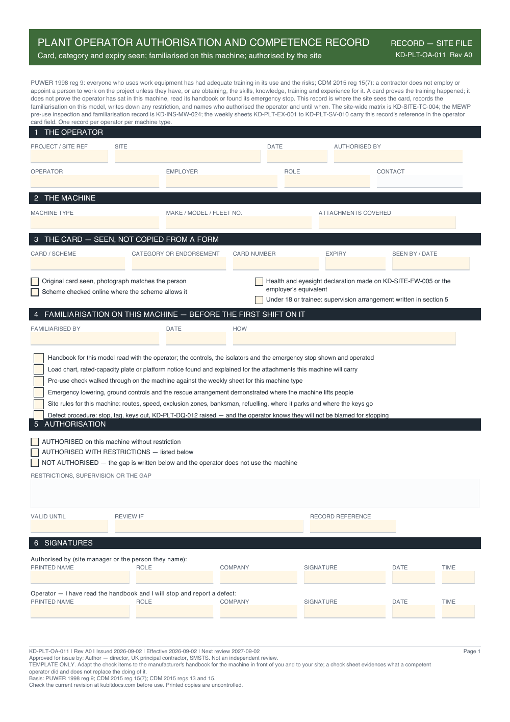 Plant Operator Authorisation and Competence Record — page one