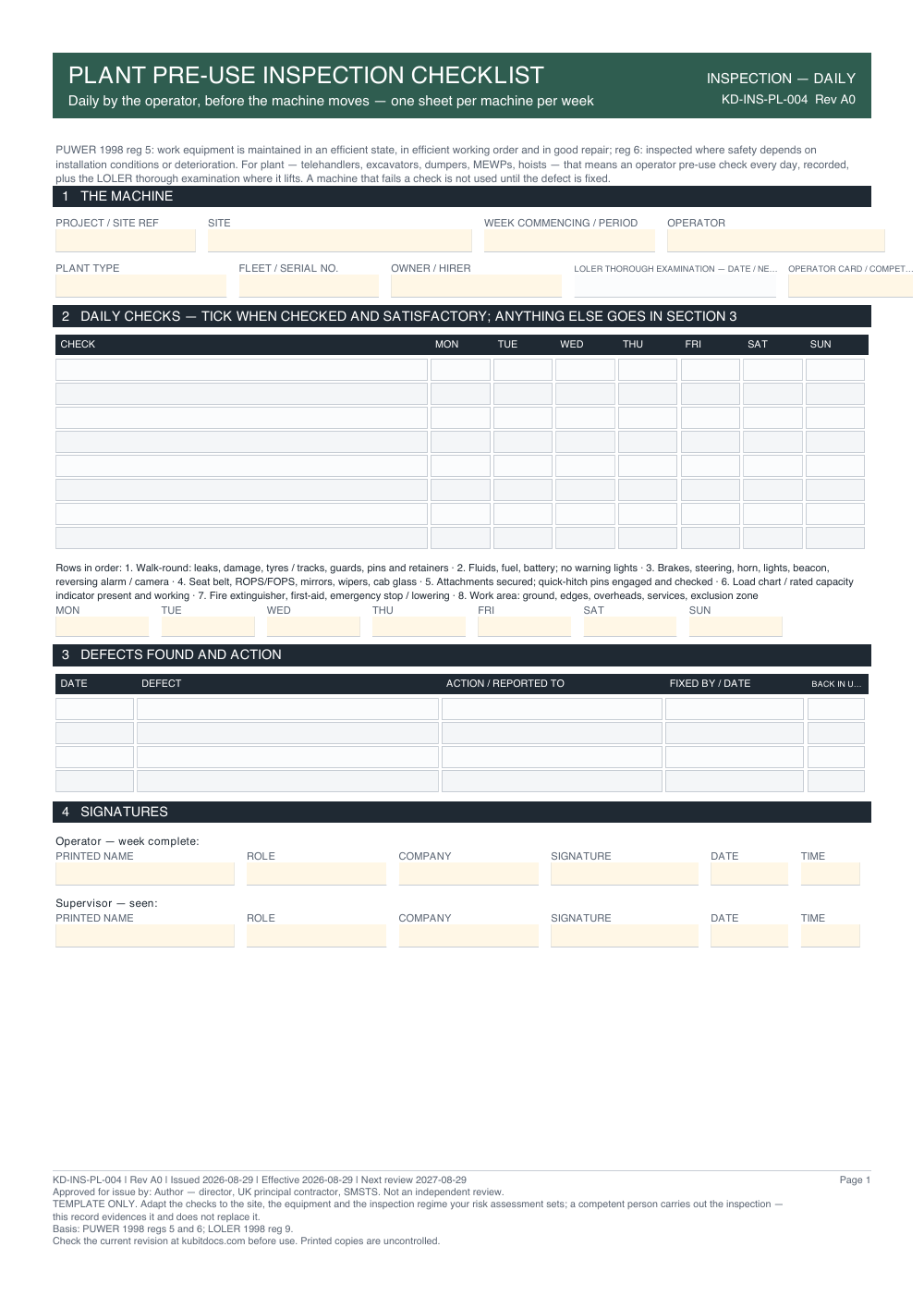 Plant Pre-Use Inspection Checklist — page one
