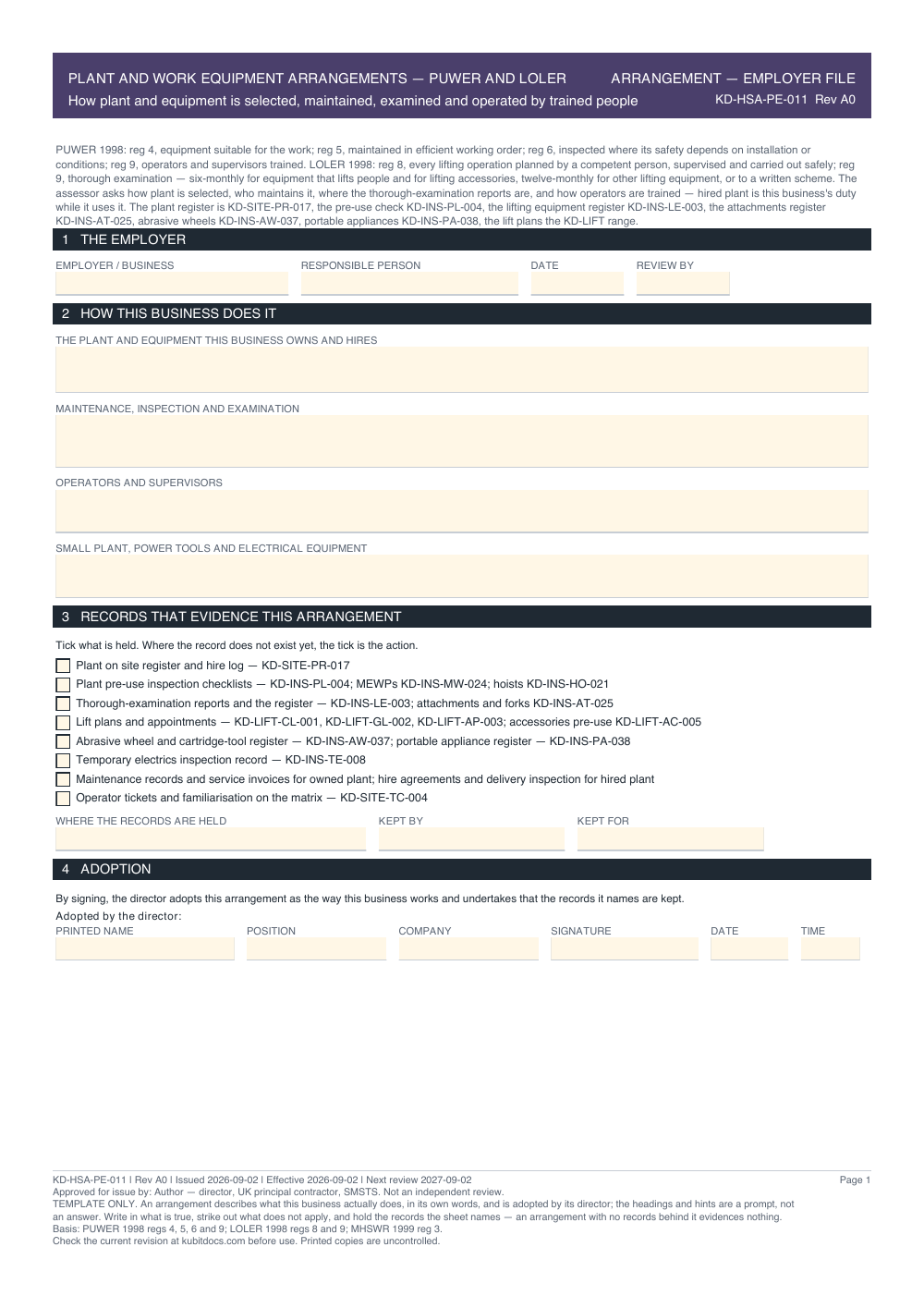 Plant and Work Equipment Arrangements — PUWER and LOLER — page one