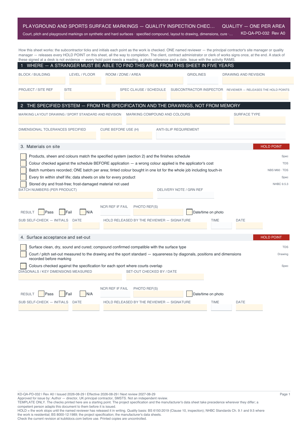 Playground and Sports Surface Markings — Quality Inspection Checklist — page one