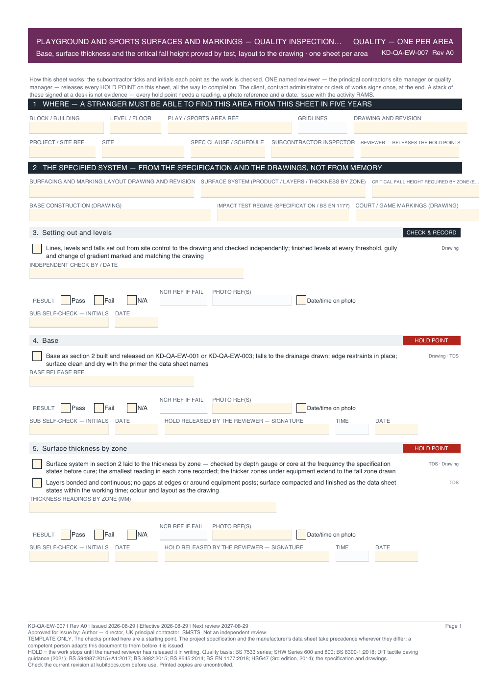 Playground and Sports Surfaces and Markings — Quality Inspection Checklist — page one
