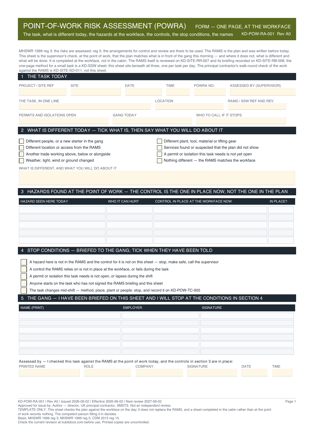 Point-of-Work Risk Assessment (POWRA) — page one