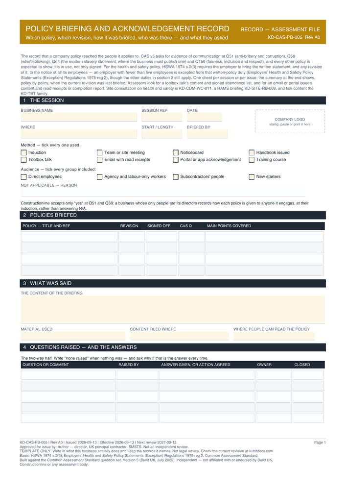 Policy Briefing and Acknowledgement Record — page one